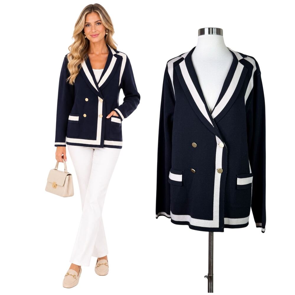 Emily McCarthy | Slone Black Cream Knit Double Breasted Button Sweater Blazer M